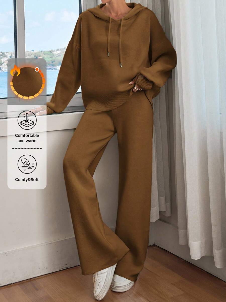 EURMUSE 女士纯色落肩连帽套头衫和毛衣裤套装 - 駝色 - 查看 1