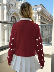 EURMUSE Heart Embroidery Textured Knit Crewneck Pullover - Rose Red - View 5