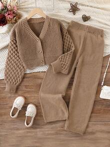 Conjunto de 2 peças com Suéter de Ombro Caído com Padrão Único e Calça Reta em Estilo Casual Campestre Y2K para Meninas Pré-Adolescentes, Versátil para Escola, Férias, Encontros, Compras, Festa, Outono/Inverno - Marrom Claro - Visão 1