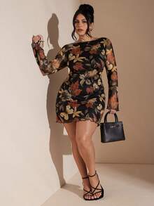 SHEIN BAE Plus Size Women Casual Backless Floral Print Mesh Dress, Autumn/Winter,Fall /Autumn/Winter,Party,Wedding,Beach,Elegant,Casual,Going Out,Date,Appointment,Commute,Valentine's Day,Valentine Outfits For Women