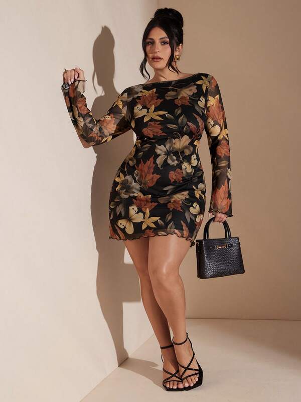 SHEIN BAE Plus Size Women Casual Backless Floral Print Mesh Dress, Autumn/Winter,Fall /Autumn/Winter,Christmas,New Year,Thanksgiving,Party,Wedding,Beach,Elegant,Casual,Going Out,Date,Appointment,Commute