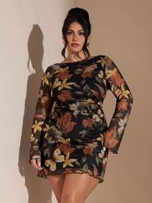 SHEIN BAE Plus Size Women Casual Backless Floral Print Mesh Dress, Autumn/Winter,Fall /Autumn/Winter,Party,Wedding,Beach,Elegant,Casual,Going Out,Date,Appointment,Commute,Valentine's Day,Valentine Outfits For Women