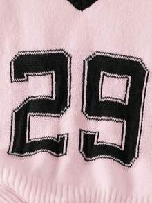 Mädchen Lockerer V-Ausschnitt Pullover mit Zahlen- und Sternenmuster, Herbst/Winter