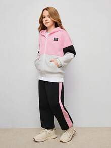 Tween Girls Casual All-Match Versatile Sporty School Patchwork Collar Jacket + Sweatpants Thermal Lined Warm Outerwear Set, Autumn/Winter - Multicolor - View 5