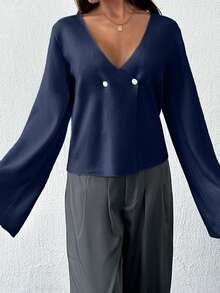 SHEIN Tall Women's Tall Solid Color V-Neck Front Button Drop Shoulder Cardigan