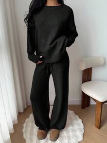 Flirla 2件套女士休闲超大针织毛衣套装 - 黑色 - 查看 5
