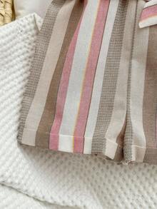 寶寶女孩夏季紋路牛仔露背連身裝，適用於休閒及假期，並帶腰帶