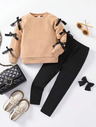 SHEIN Genkimix Kids 年轻女孩休闲蝴蝶结装饰插肩长袖T恤和裤子休闲套装