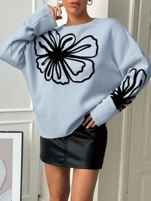 EURMUSE Pulover de damă cu col în formă de bloc de culoare brodat floral, toamnă/iarnă