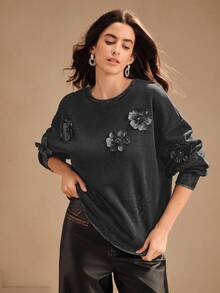 Anewsta Women's Casual Rhinestone Embellished Snowflake Decor Round Neck Long Sleeve Pullover Sweatshirt, Black, Thermal Lined For Autumn/Winter - Black - View 5