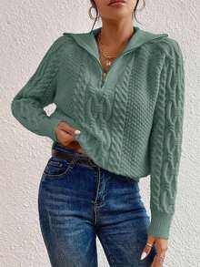 Flirla Maglione casual ampio con chiusura lampo, a maniche raglan e motivo a trecce, per donna, adatto per l'autunno