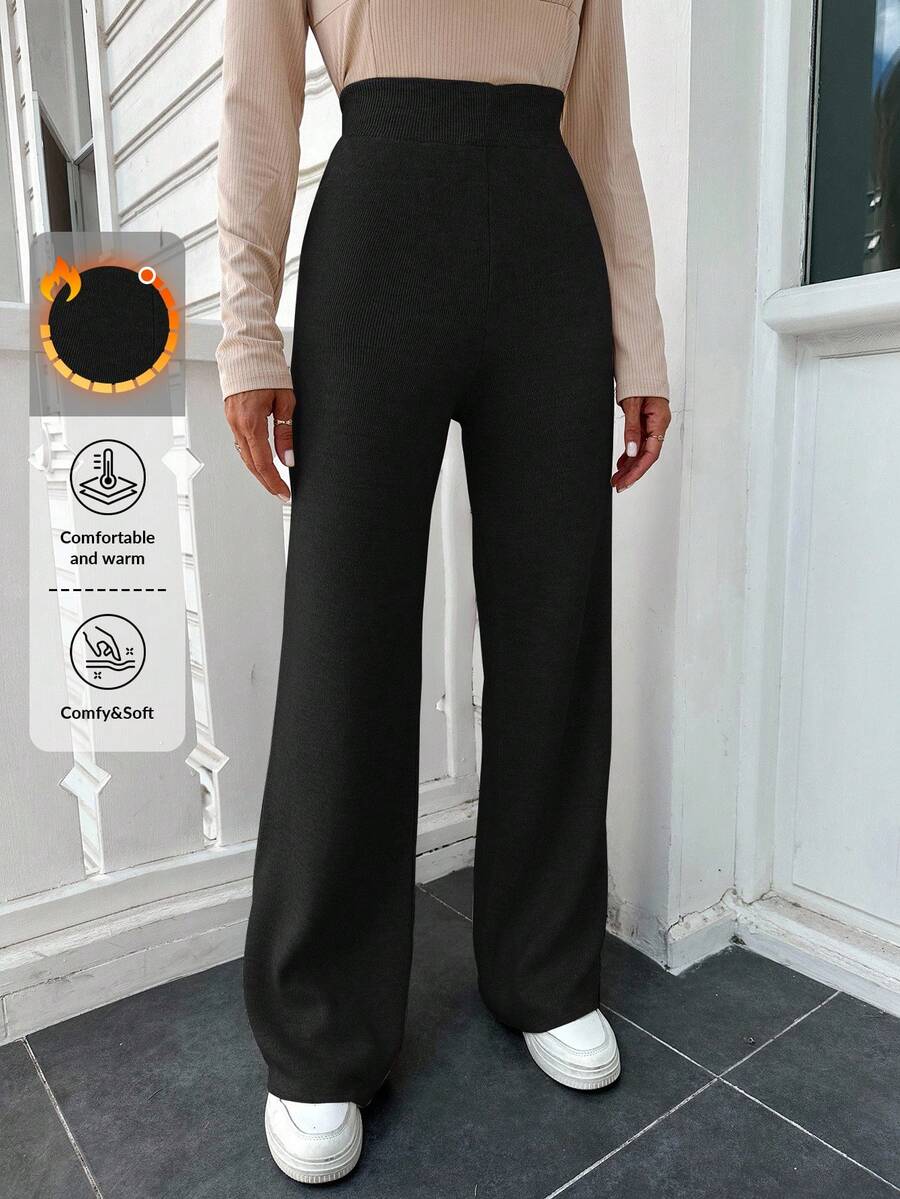 EURMUSE Solid Wide Leg Wool Knit Pants - Black - View 1