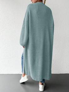 EURMUSE Solid Color Drop Shoulder Open Front Cardigan - Blue - View 2