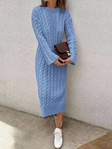 EURMUSE Women's Knitwear Long Dress With Cable Pattern,Petite - Baby Blue - View 8