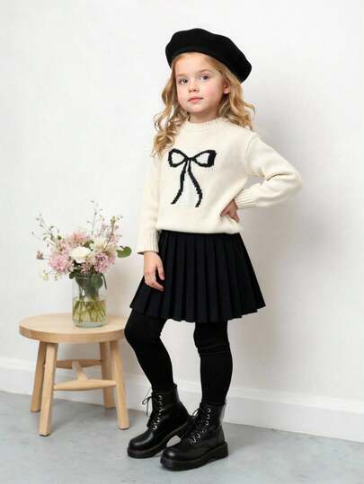 SHEIN 少女杏色蝴蝶结装饰长袖毛衣和松紧腰针织裙套装，秋冬