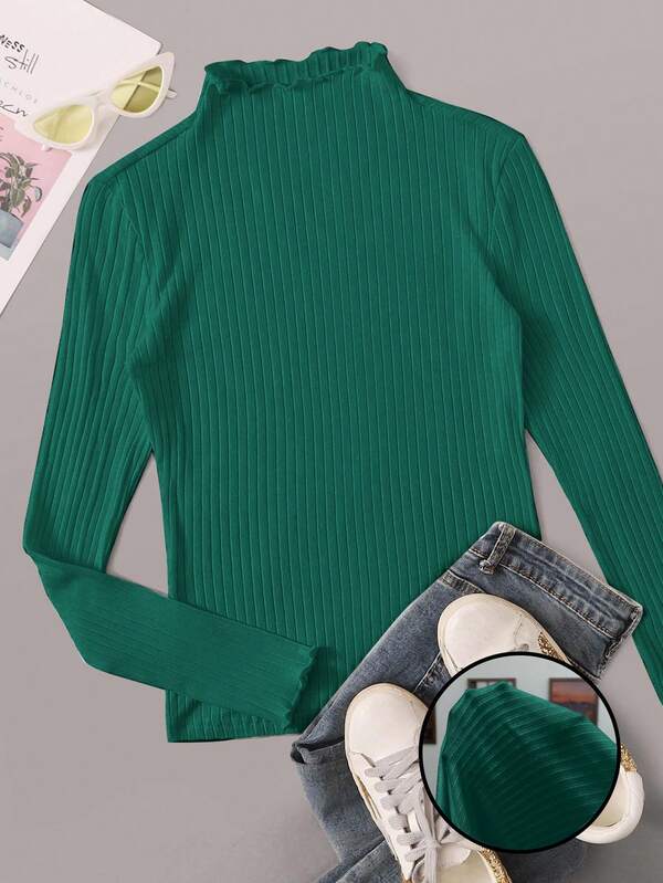 SHEIN EZwear Women's Plus Size Olive Green Ribbed Long Sleeve T-Shirt, Minimalist Autumn