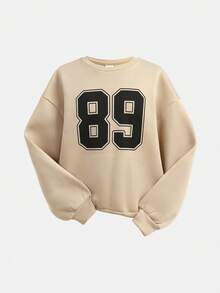 SHEIN Girlism 青少年女孩休闲校园街头风格字母和数字图案圆领运动衫和褶皱阔腿直筒裤针织运动服返校装 - 杏色 - 查看 11