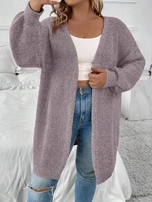 SHEIN LUNE Suéter tipo cardigan versátil y casual de unicolor con cuello en V y hombros caídos para mujer de talla grande, otoño/invierno