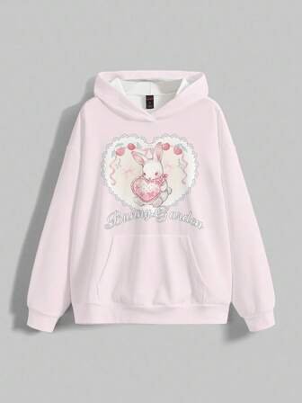 Kawaii Lässiger Hoodie-Sweatshirt für Frauen mit niedlichem Hasen- und rosa Herz-Buchstabe Muster, für Herbst/Winter