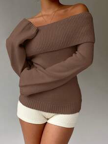 SHEIN Clasi Áo len chui đầu cổ tròn màu trơn - Cà phê nâu - Xem 4