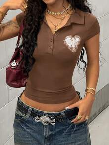 StreetHx Women's Casual Solid Color Rhinestone Print Turndown Collar Short Sleeve T-Shirt, Spring/Summer - Brown - View 3