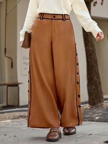 Calvaya Pantalones anchos de talle alto con botones laterales decorativos, en marrón y negro, de corte holgado y cómodo, versátiles para uso casual, de oficina y al aire libre, en tallas grandes - Marrón - Ver 8