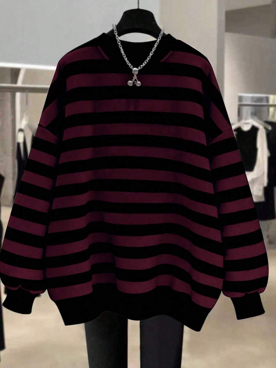 EMERY ROSE New Arrival Bestselling Regular Fit Women Plus Size Striped Crew Neck Sweatshirt - Red - View 1