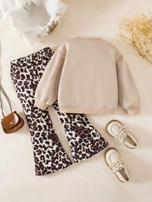 SHEIN 2pcs Young Girl Solid Color Crew Neck 3D Leopard Print Bow Knit Sweater And Leopard Print Knit Pants Set, Autumn - Khaki - View 4