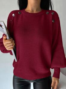 EURMUSE Button Detail Lantern Sleeve Sweater - Red - View 2