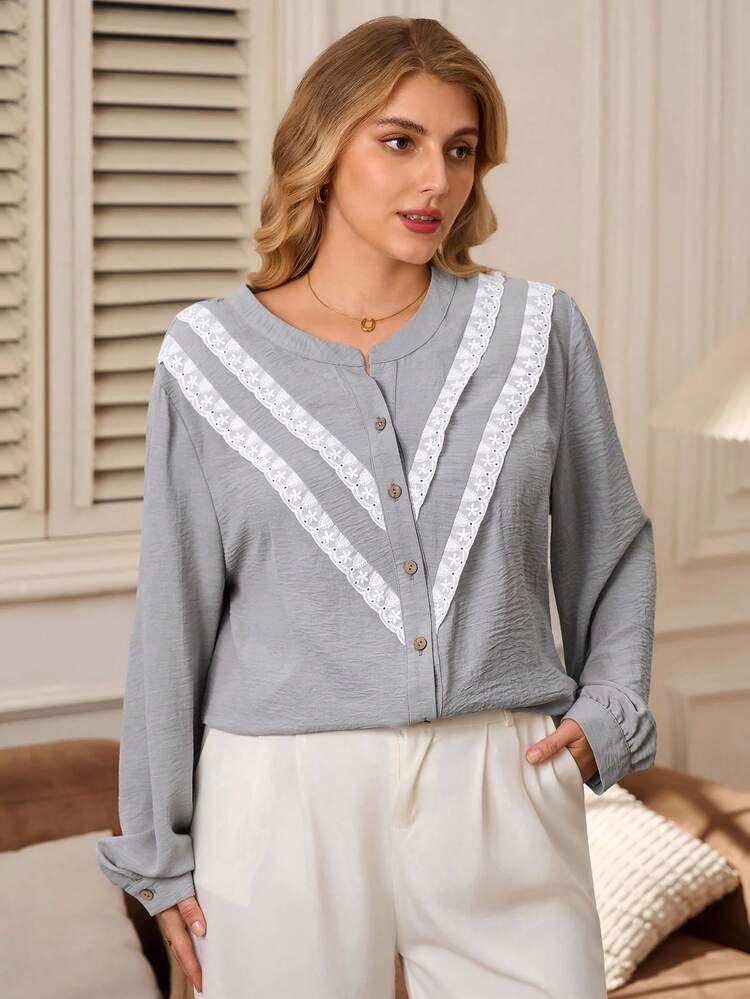 Plus Size Textured Front Button Long Sleeve Casual Shirt, Autumn/Winter,2025 New