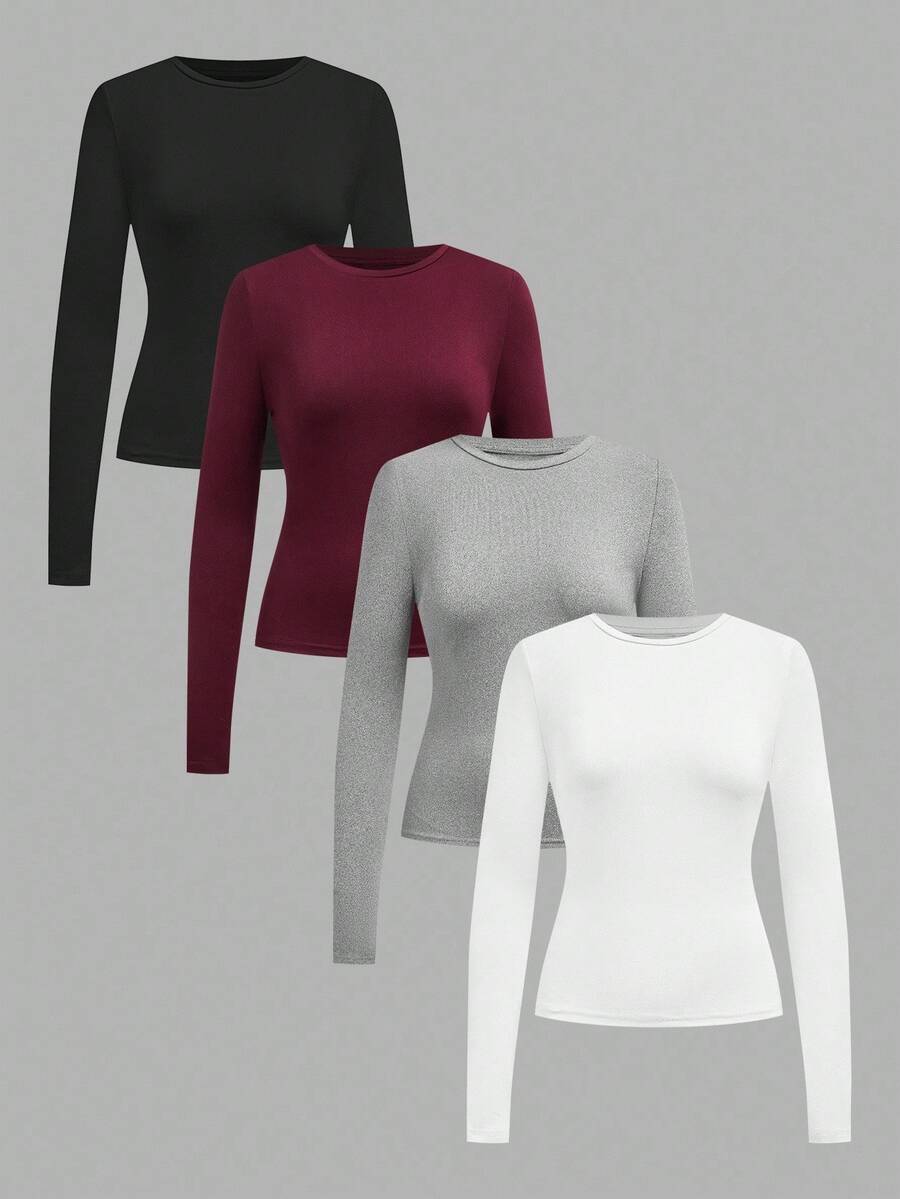 SHEIN EZwear 4件組女款圓領休閒基本修身長袖T恤套裝,秋冬日常日穿晚穿,黑色、酒紅、灰色、白色 - 彩色 - 查看 1