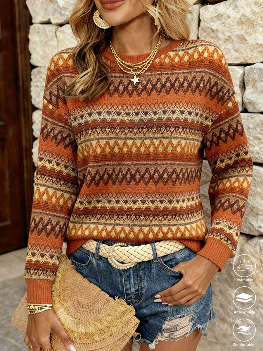 EMERY ROSE Bohemian Style Striped Pattern Printed Women's Casual Long Sleeve Sweatshirt  For Women - Multicolor - View 1