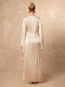 Lumalex 早春亮面缎面泡泡袖褶皱喇叭连衣裙，收腰设计，适合女士，尽显奢华新年新风尚，低调奢华，适合舞会、聚会、宴会、低调奢华、闪耀夺目的节日派对、锐舞音乐节、郊游、度假、户外、层次丰富的婚礼、情人节礼物指南、浪漫情人节穿搭、宴会、身份派对、新年派对造型、派对礼服、早春秋季连衣裙 - 杏色 - 查看 8