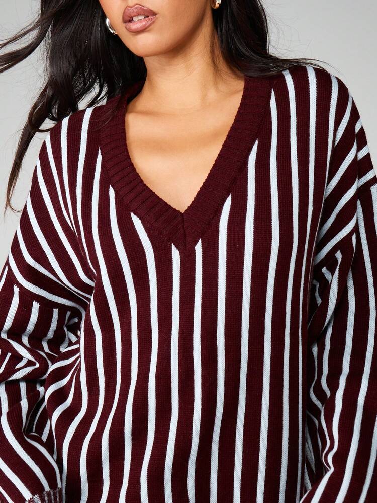 MISSGUIDED 가을 겨울 캐주얼 레이어링을 위한 오버사이즈 V넥 스트라이프 니트 스웨터