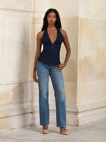 Mima John 夏季性感纯色露背吊带牛仔短款上衣 - 深色水洗藍 - 查看 5