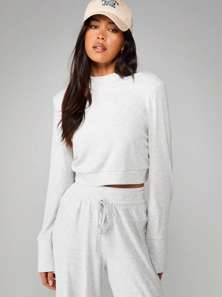 MISSGUIDED 宽松版型罗纹针织长袖圆领套头衫，日常休闲舒适 - 灰色 - 查看 1
