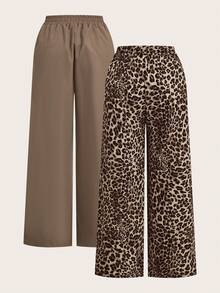 SHEIN EZwear 大码休闲复古豹纹棕色裤子 - 棕色 - 查看 2