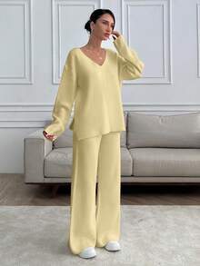 SHEIN Tall Tall Women V-Neck Oversize Sweater And Knit Pant Set - Beige - View 5