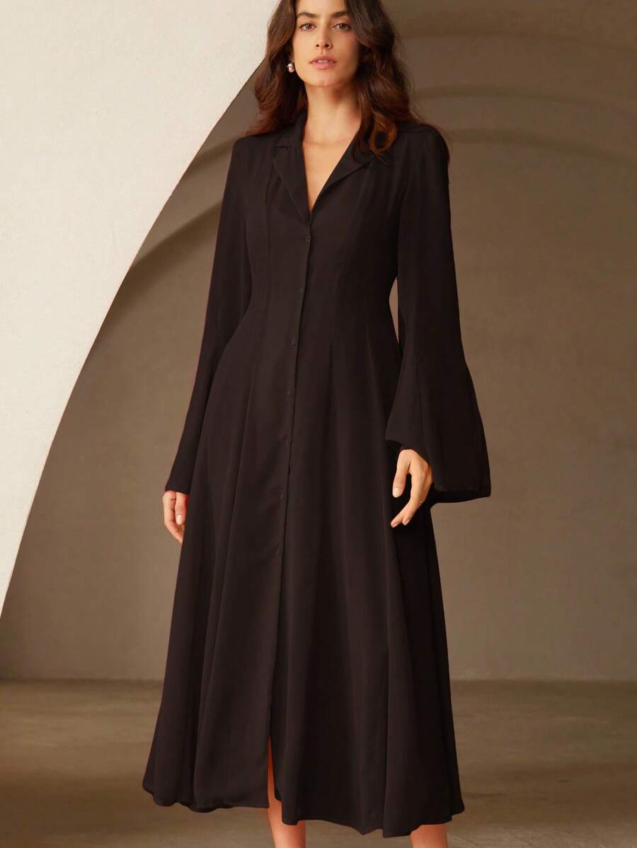 Aveloria Rosie Stunning Fuchsia Collared Single-Breasted Cinched Waist Flared Long Sleeve Shirt Dress For Women - Brown - View 1