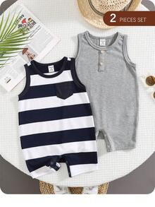 2件套新生男婴可爱休闲条纹无袖针织连体衣套装，夏季 - 彩色 - 查看 2