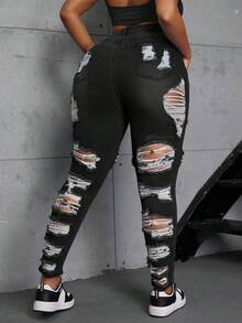 SHEIN SXY 大码女式洗水做旧紧身牛仔裤 - 黑色 - 查看 7