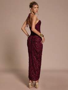 SHEIN BAE 秋冬女士酒红色提花挂脖紧身胸衣开叉高雅连衣裙，黑色迷你连衣裙，派对礼服，适合派对，正式活动，鸡尾酒会，节日活动，万圣节，圣诞节 - 酒紅色 - 查看 7