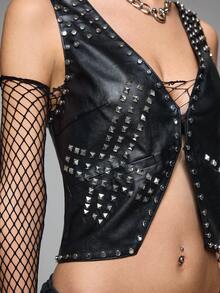 ROMWE Grunge Punk Dark Metal Punk Rivet PU Leather Vest Jacket - Black - View 2