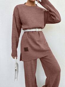 Women's Casual Loose Fit Drop Shoulder Sweater And Pants 2 Pieces Set, Autumn/Winter - Rusty Rose - View 6