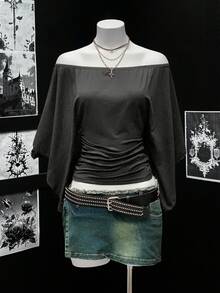 EgrlEra 纯色露肩收腰复古性感T恤 - 黑色 - 查看 1