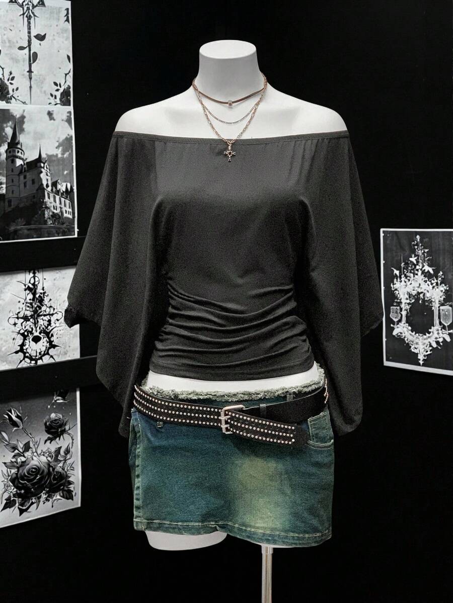 EgrlEra 纯色露肩收腰复古性感T恤 - 黑色 - 查看 1