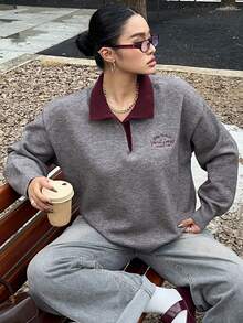 Dazy Plus Plus Size Letter Embroidery Colorblock Crew Neck Loose Knit Sweater For Women, Autumn/Winter - Grey - View 3