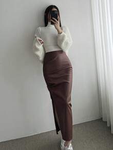 高腰紧身半身裙，女士秋冬半身裙，皮裙 - 咖啡棕 - 查看 3