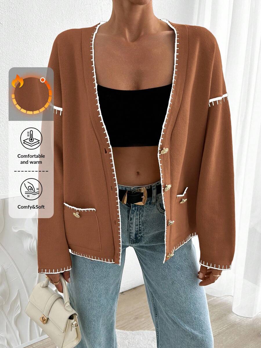 EURMUSE Women Solid Color Deep V-Neck Handmade Stitch Detailed Cardigan - Brown - View 1