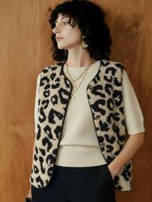 EMERY ROSE Sleeveless Vest, Leopard Print Faux Shearling Vest - Multicolor - View 6